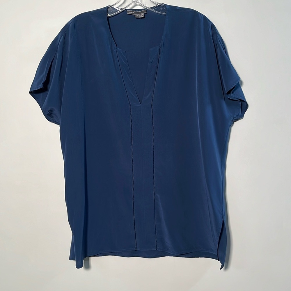 VINCE 100% Career/Minimalist Silk Pin Tuck Split V-Neck Dolman Slate Blue Top S